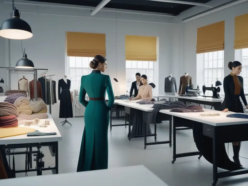 Estudio de moda sostenible: diversidad e innovación en 8k Un estudio de moda sostenible rebosante de creatividad, con diseñadores diversificados trabajando con rollos de vibrante Nylon regenerado