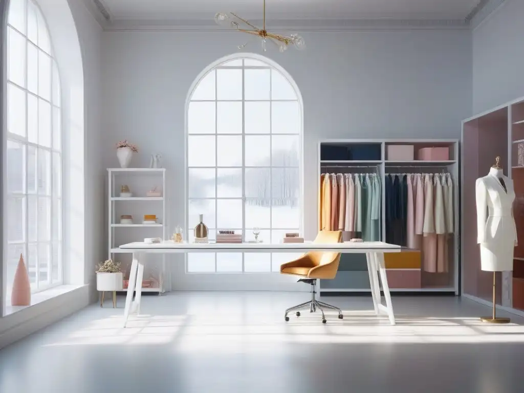 Diseño de moda elegante para tallas petite: estudio creativo y sofisticado Estudio de diseño de moda para tallas petite con toques sofisticados y creativos en tonos pastel y acentos metálicos