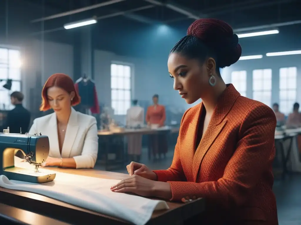 Diseñadores de moda diversos creando juntos en estudio moderno Un estudio de moda vibrante y creativo con diseñadores diversos colaborando en una colección