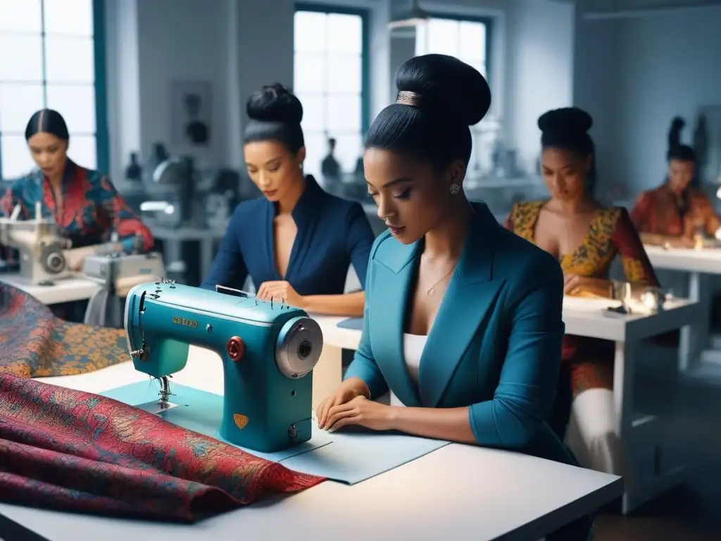 Diseñadores de moda creando juntos en un atelier moderno Un estudio de moda vibrante y detallado con diseñadores trabajando juntos en máquinas de coser