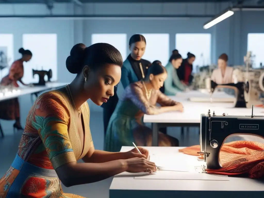 Colaboración creativa: diseñadores de moda unidos en diversidad Un estudio de moda vibrante con diseñadores de diversas culturas, colaborando en un ambiente creativo