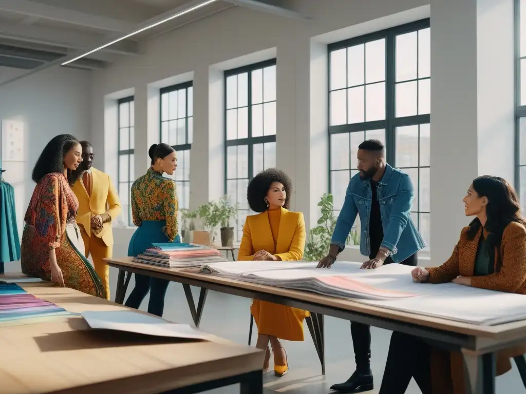 Inspiradora colaboración de diseñadores de moda en estudio inclusivo Un estudio de moda vibrante y diverso, donde diseñadores colaboran apasionadamente, reflejando el impacto de colaboraciones en marca moda inclusiva