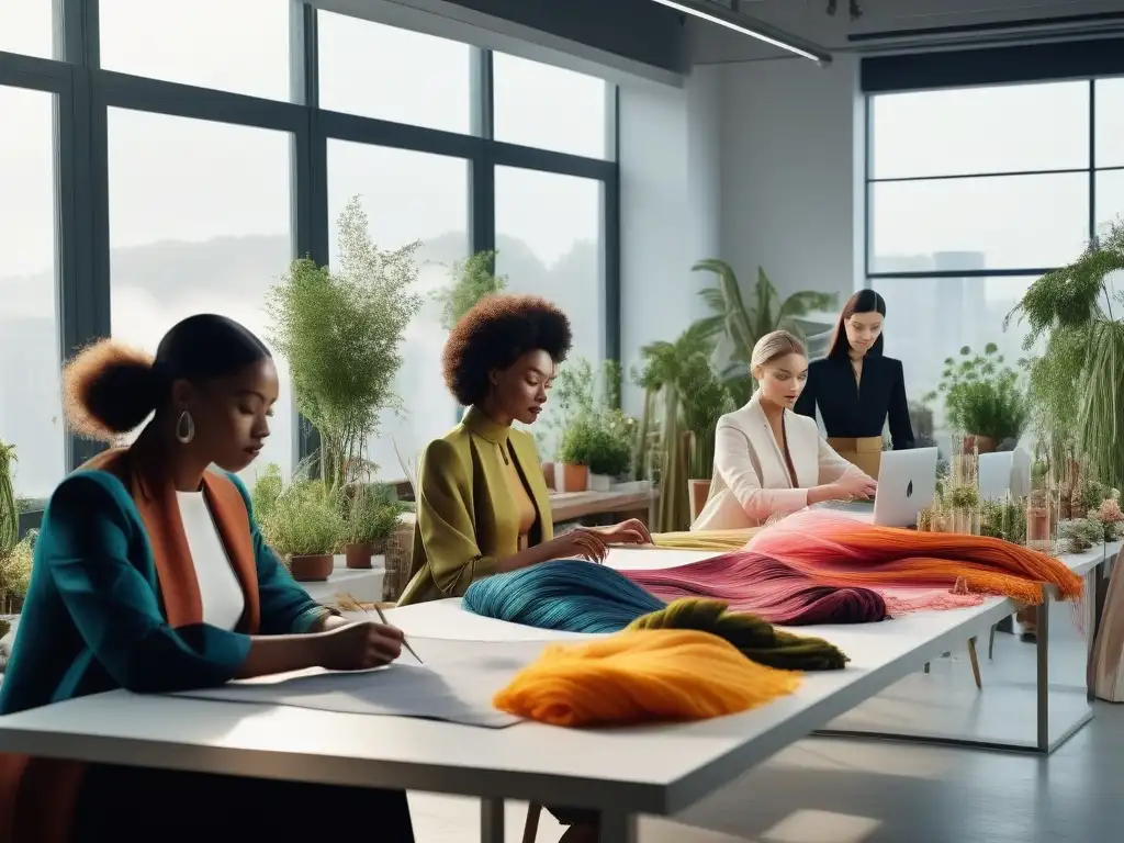 Diseñadores de moda creando juntos en estudio sustentable Un estudio moderno y brillante con diseñadores de moda diversificados trabajando juntos en moda inclusiva teñida sostenible