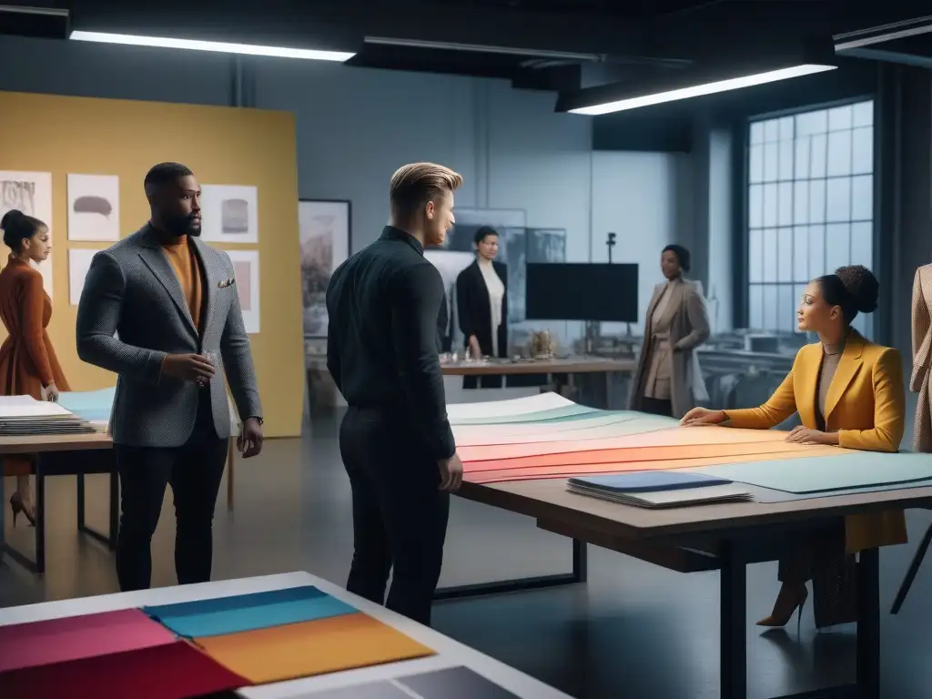 Diversidad creativa: diseñadores innovan moda inclusiva para cine Un estudio moderno y chic donde diseñadores de moda discuten apasionadamente ideas inclusivas para cine y TV