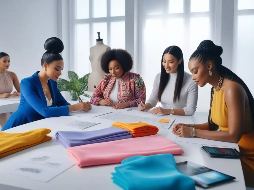 Diseñadores de moda diversos creando juntos en estudio moderno Un estudio moderno y colorido lleno de diseñadores emergentes de diversas etnias y cuerpos, colaborando en diseños de moda inclusiva