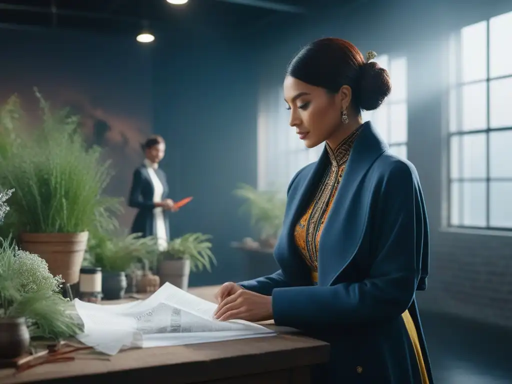 Un estudio moderno con diseñadores de moda de diversos orígenes culturales colaborando apasionadamente en bocetos de moda sostenible