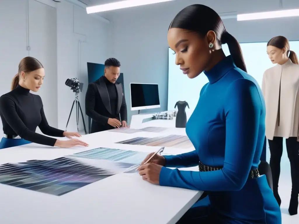Diseñadores de moda colaborando en estudio innovador Un estudio moderno lleno de diseñadores de moda trabajando juntos en piezas de moda adaptativa para diversidad