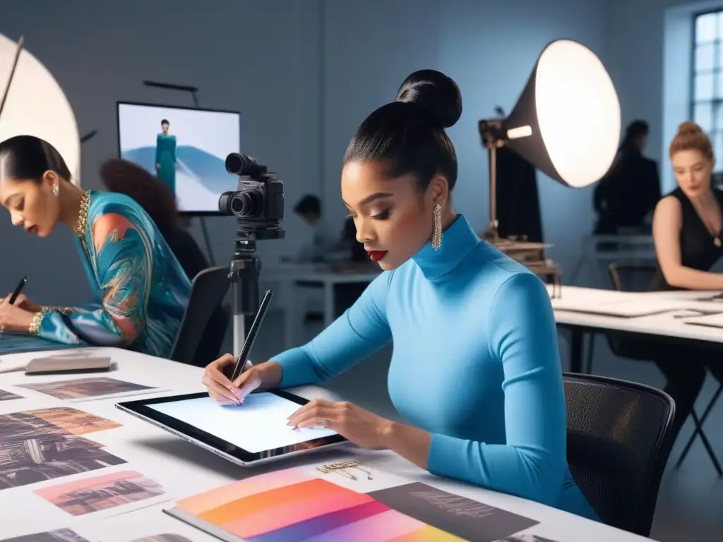 Ilustradores de moda: diversidad y creatividad en 8k Un estudio moderno lleno de diseñadores de moda diversos, creando con técnicas ilustración moda cuerpos diversos
