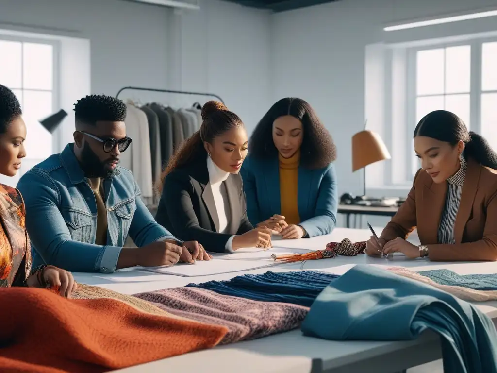 Diseñadores de moda innovadores trabajando juntos en estudio inclusivo Un estudio moderno lleno de diseñadores de moda inclusiva de diversas etnias y habilidades, colaborando con pasión y determinación