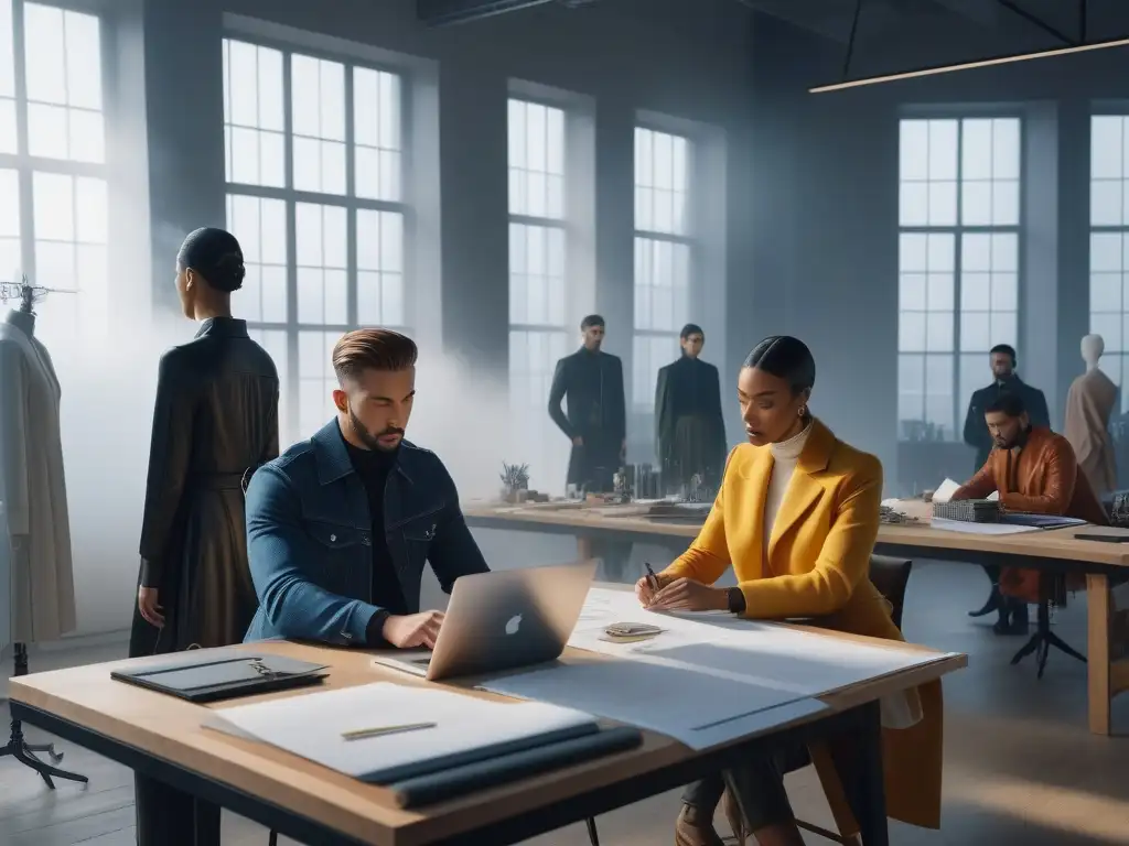 Un estudio moderno lleno de diseñadores de moda masculina trabajando juntos, reflejando la inclusión y diversidad