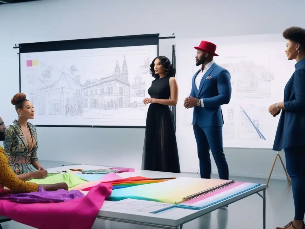 Diseñadores de moda innovando juntos en estudio inclusivo Un estudio moderno lleno de diversidad, creatividad y colaboración entre diseñadores de moda, reflejando historias moda inclusiva personas reales