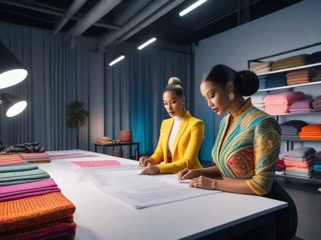 Diseñadores de moda multiculturales creando en estudio moderno Un estudio moderno lleno de telas coloridas y diseñadores de moda de diversos orígenes culturales, trabajando juntos