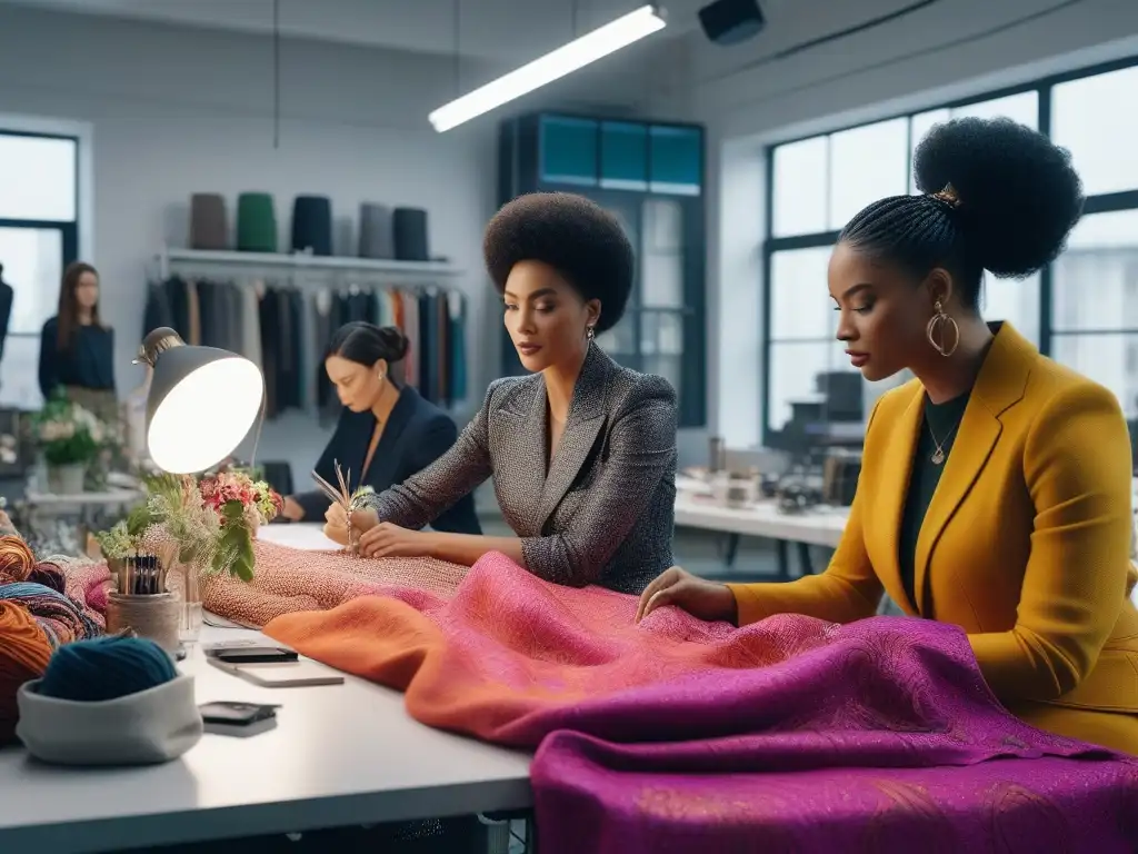 Diseñadores de moda creando juntos en un estudio creativo y diverso Un estudio moderno y luminoso donde diseñadores de moda trabajan juntos en un ambiente inclusivo y creativo para lograr la certificación OEKOTEX