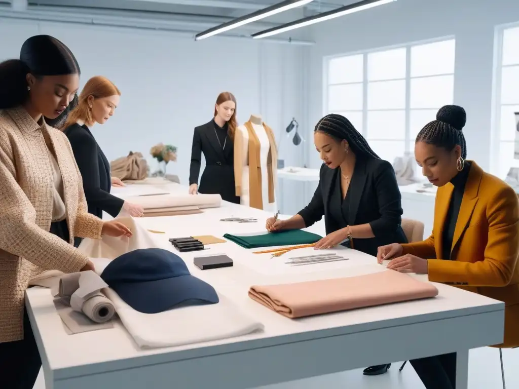 Equipo multicultural crea moda sostenible Un estudio moderno y luminoso donde diseñadores de moda diverso y apasionado discuten ideas de embalaje sostenible para su línea inclusiva