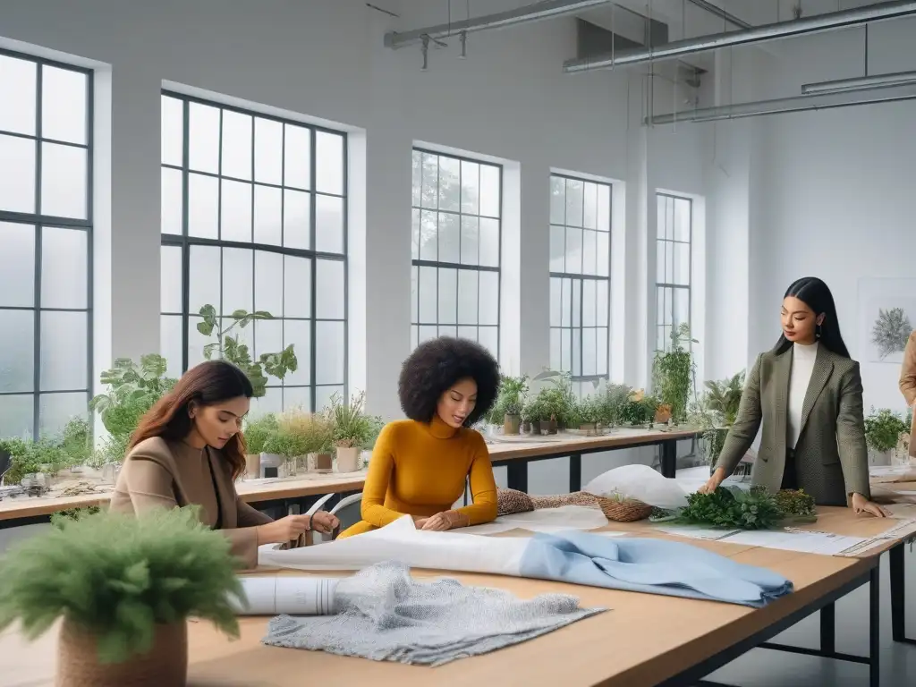 Diseñadores de moda creando prendas sostenibles en estudio eco-friendly Un estudio moderno y luminoso donde diseñadores de moda inclusiva y activistas ambientales crean prendas sostenibles con pasión