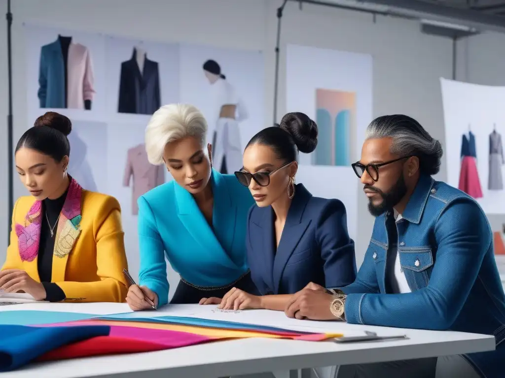 Innovación y Diversidad: Moda Inclusiva en Acción Un estudio moderno y luminoso lleno de diseñadores de moda diversos colaborando con entusiasmo y creatividad