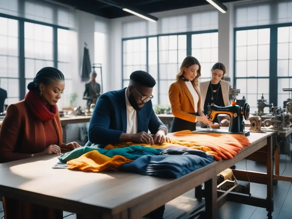 Diseñadores de moda creando juntos en un estudio inclusivo y colorido Un estudio moderno y luminoso lleno de diseñadores de moda colaborando, creando en un ambiente inclusivo