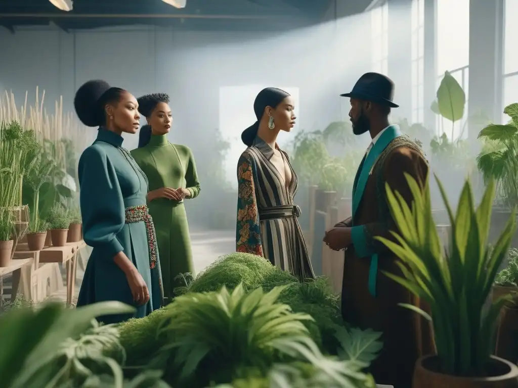 Un estudio moderno de moda sostenible donde diseñadores de diversos orígenes culturales colaboran en creaciones únicas