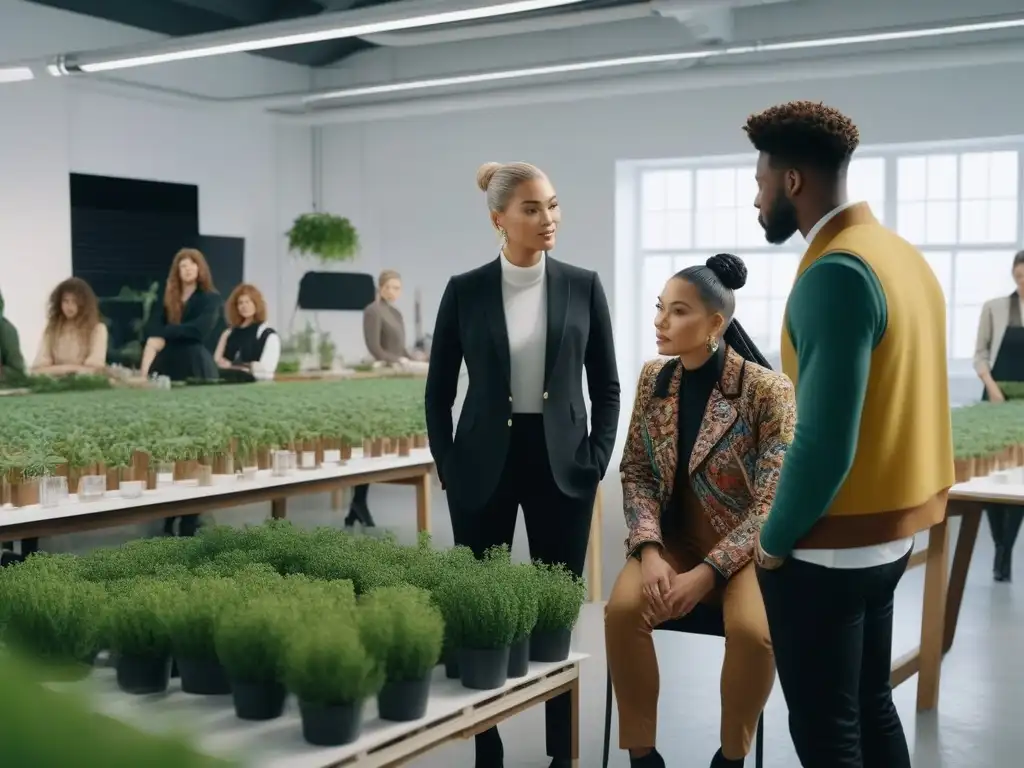 Diseñadores de moda sustentable unidos en creatividad Un estudio moderno rebosante de creatividad y diversidad