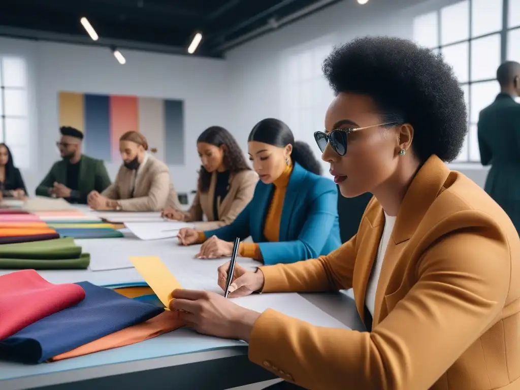 Diseñadores de moda creativos y diversos en acción Un estudio moderno y vibrante donde diseñadores de moda diversos y apasionados colaboran y crean juntos