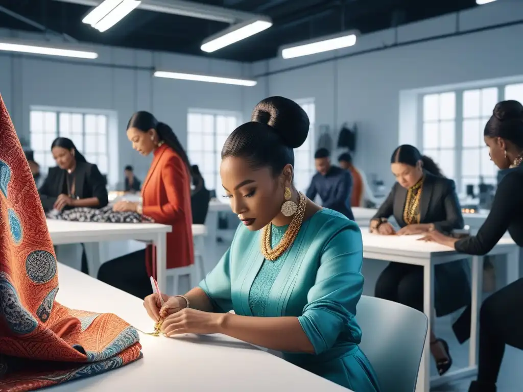 Diseñadores de moda colaborando en estudio inclusivo y sostenible Un estudio moderno y vibrante donde diseñadores de moda colaboran en diseños inclusivos y sostenibles con tecnología blockchain