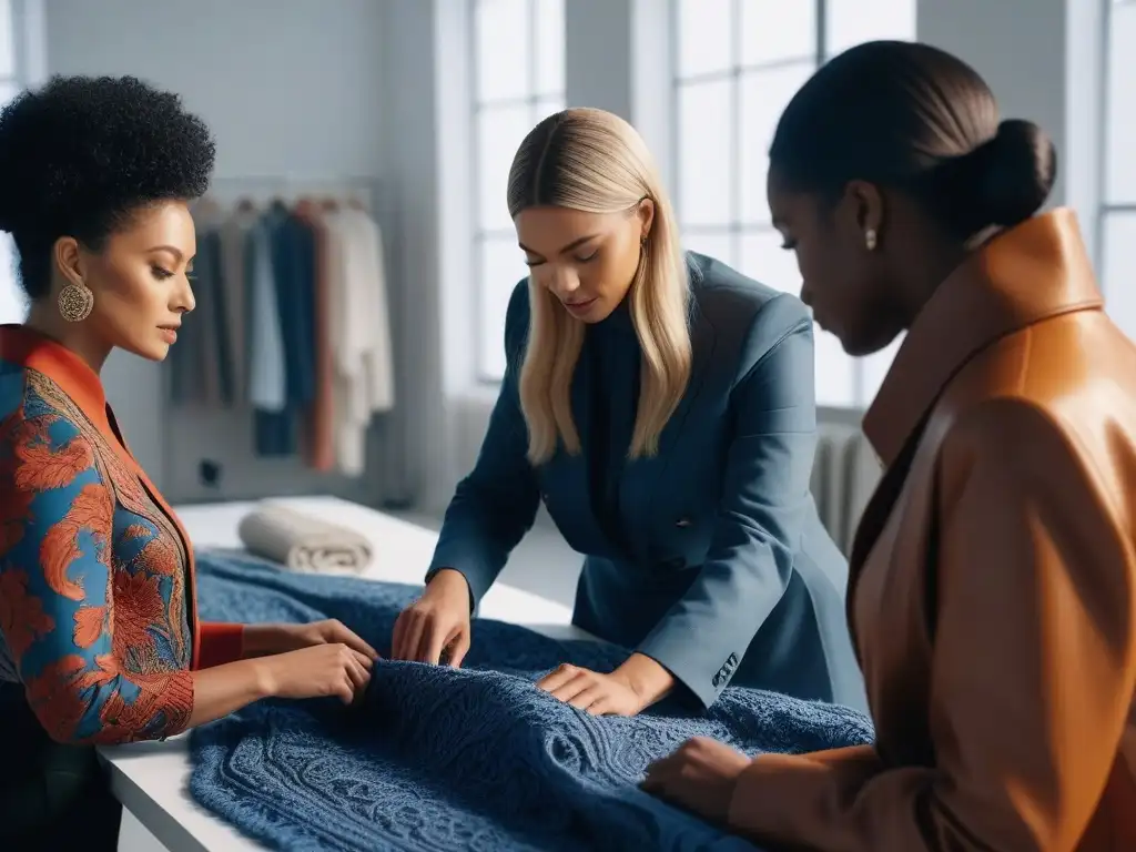Diseñadores de moda crean juntos en estudio eco-inclusivo Un estudio moderno y vibrante donde diseñadores de moda inclusiva y sostenible colaboran apasionadamente en diseños innovadores y creativos