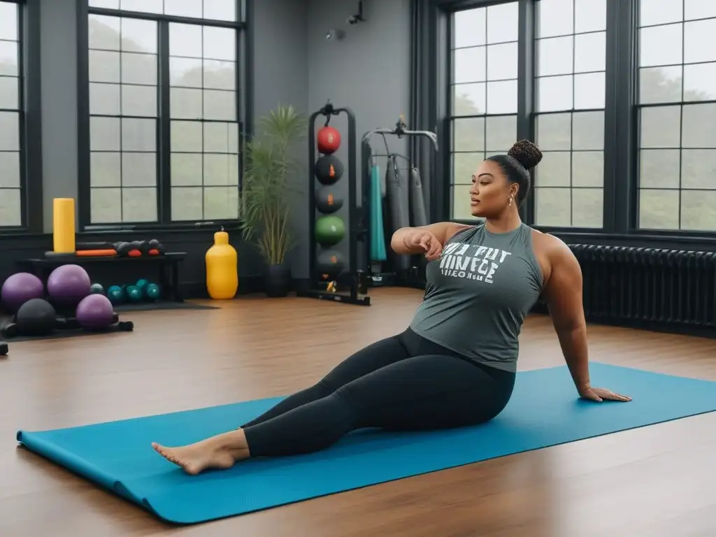Estudio fitness inclusivo con plussize: yoga, pesas y baile Un estudio de fitness moderno y vibrante con diversidad de personas plus size disfrutando de actividades como yoga, pesas y baile
