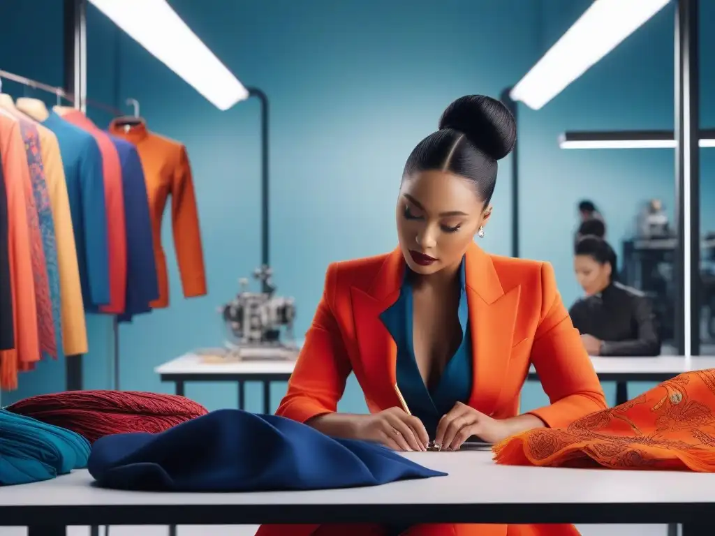 Profesionales de la moda creativa: diversidad, colaboración e innovación Un estudio moderno y vibrante con profesionales de la moda de diversas etnias y estilos trabajando juntos
