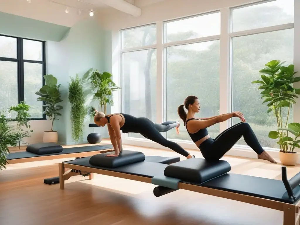 Estudio de Pilates armonioso y sereno: diversidad, equilibrio y tranquilidad Estudio de Pilates sereno con practicantes en Ropa cómoda para hacer Pilates, decorado con plantas y tonos pastel