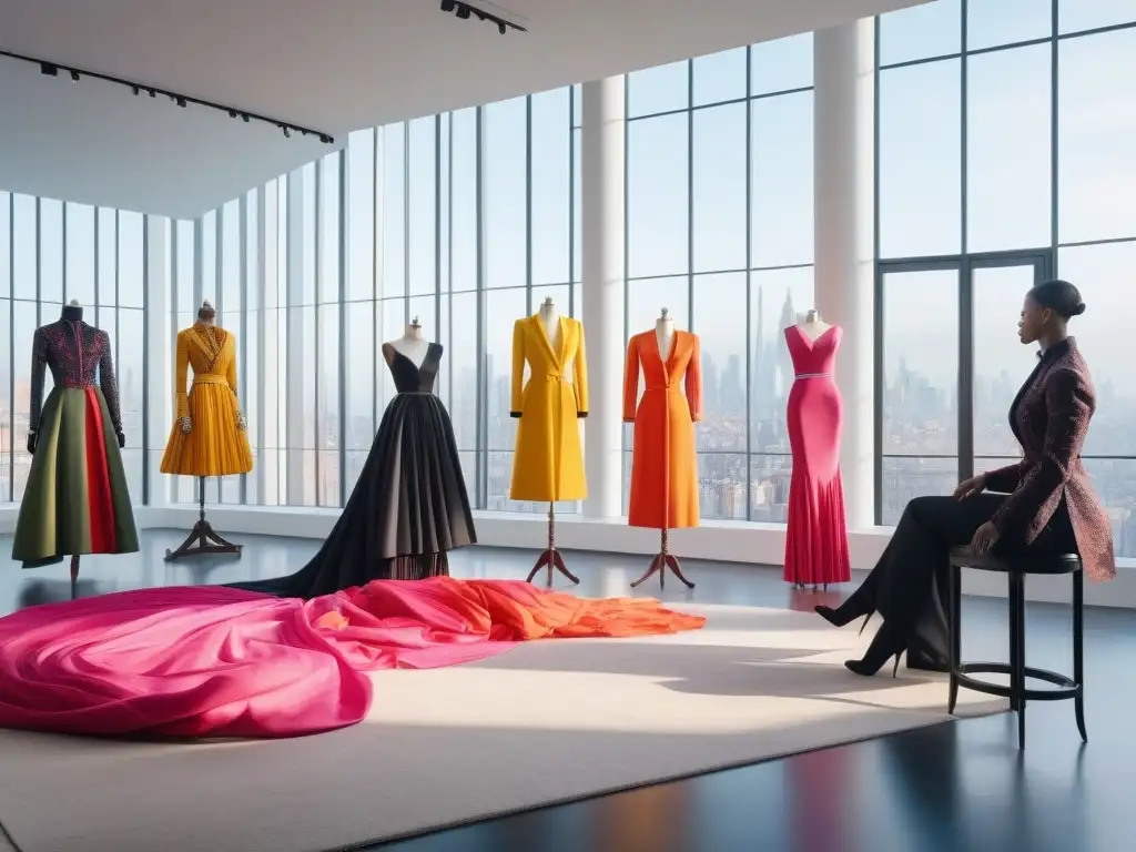 Diseñadores de moda crean colecciones inclusivas en estudio colorido Un estudio soleado rebosante de creatividad, con diseñadores de moda diversos y apasionados creando diseños inclusivos