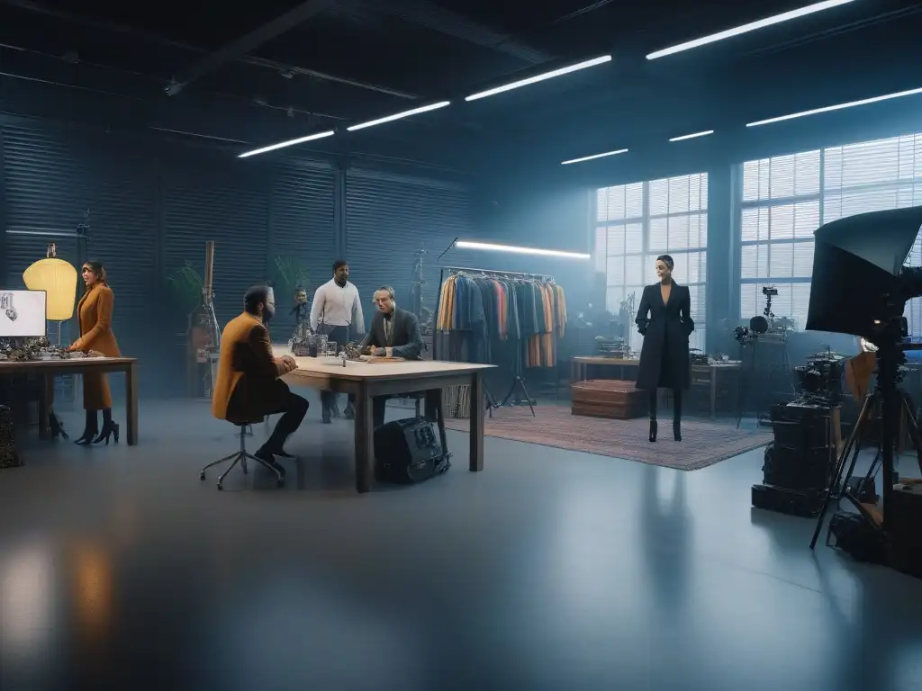 Equipo creativo de moda y cine: diversidad e innovación en acción Un estudio vibrante con diseñadores y cineastas de diversas edades, géneros y etnias, creando juntos moda inclusiva detrás cámaras