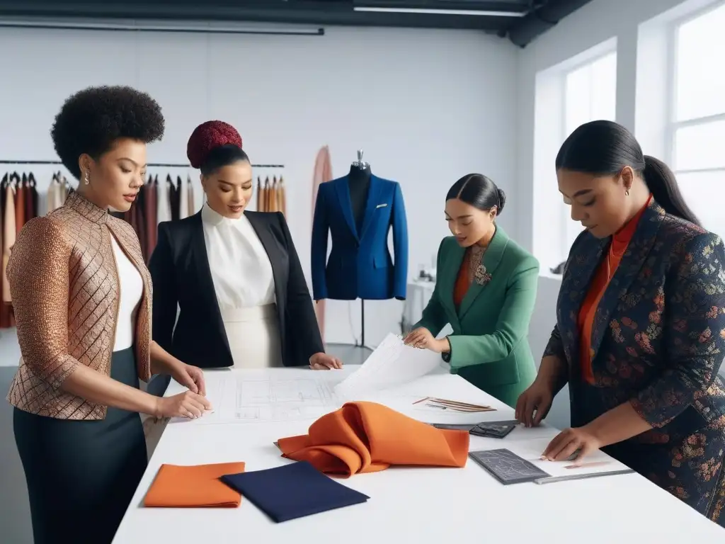 Diseñadores de moda diversos crean colección inclusiva en estudio creativo Un estudio vibrante donde diseñadores de moda diversos trabajan juntos en una colección inclusiva
