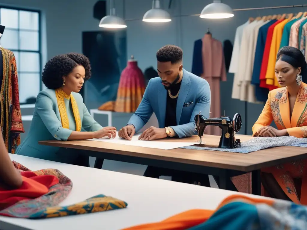 Diseñadores de moda: colaboración creativa multicultural Un estudio vibrante con diseñadores de moda de diversas culturas trabajando juntos, simbolizando el diseño de moda inclusivo cultural