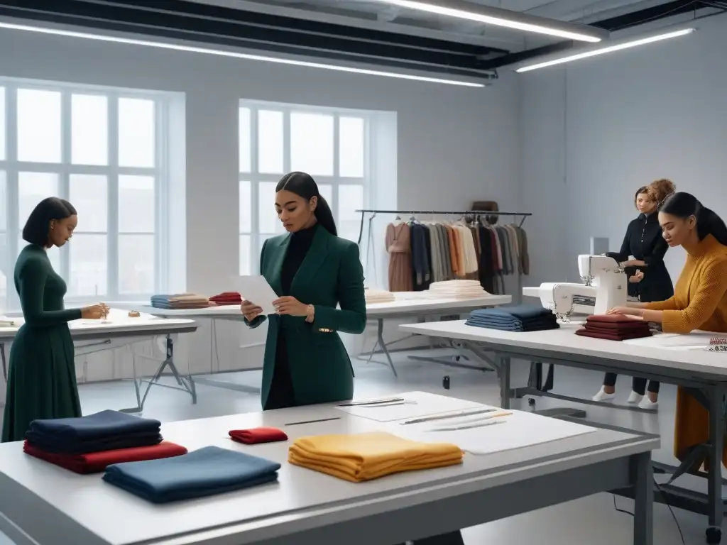 Estudio de moda inclusivo: diversidad y creatividad en acción Un estudio vibrante de moda con estudiantes diversos colaborando en una colección, reflejando la educación inclusiva en moda