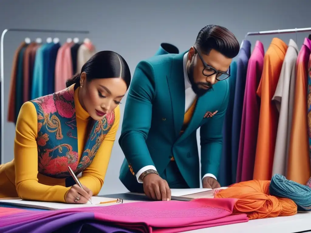 Diseñadores de moda colaborando creativamente en estudio inclusivo Un estudio vibrante de diseño de moda inclusivo con diseñadores de diferentes edades, géneros y etnias colaborando creativamente