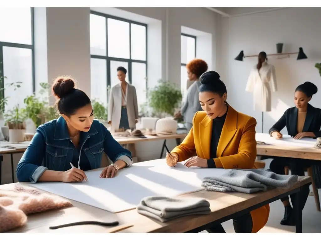 Diseñadores de moda sostenible creando juntos en un estudio luminoso Un estudio vibrante de moda sostenible nicho emprendimientos con diseñadores creativos y comprometidos