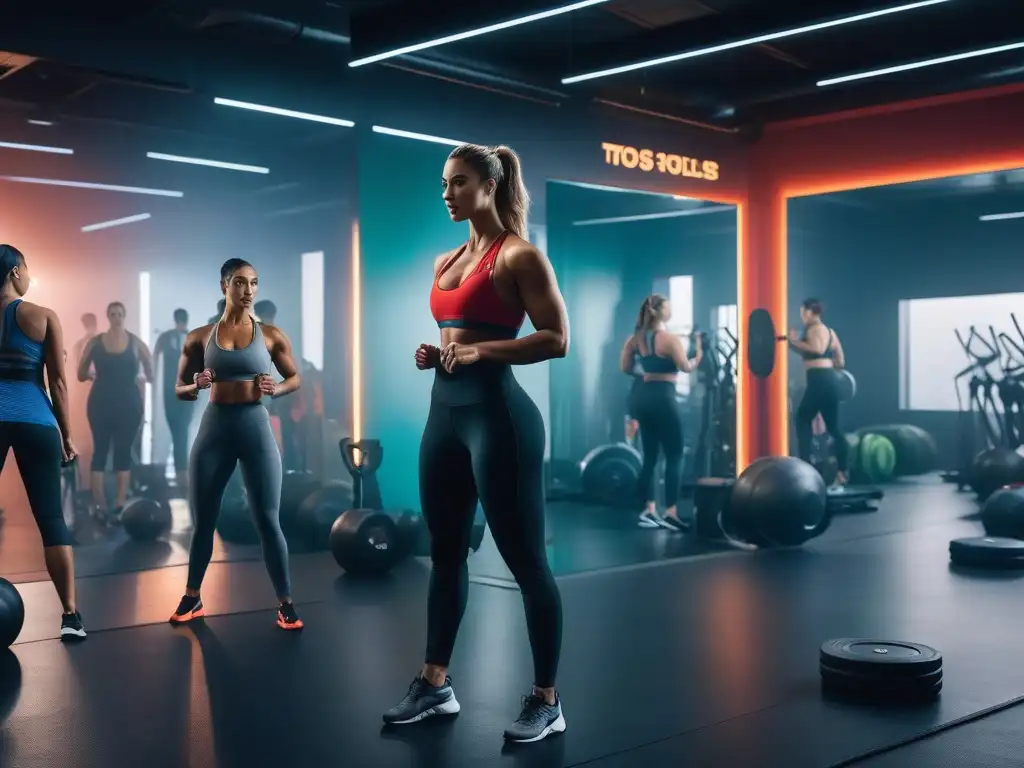 Estudio fitness inclusivo: entrenamiento energético para todos Un estudio de fitness vibrante y moderno con espejos de piso a techo reflejando a personas de todas las tallas y formas, participando en una clase de entrenamiento de alta energía