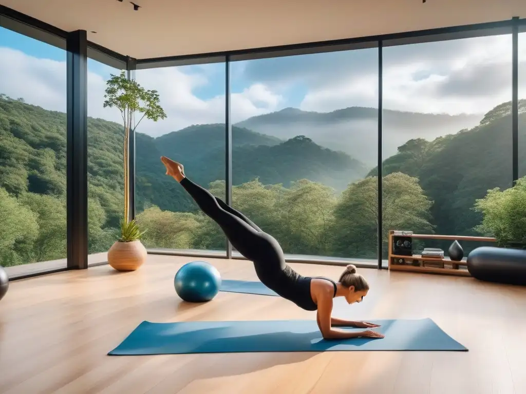 Estudio de yoga y pilates de lujo con vista a la naturaleza Estudio de yoga y pilates de lujo con vista panorámica, equipamiento fitness de alta gama y ambiente tranquilo