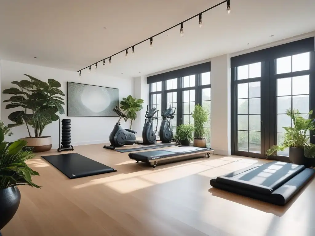 Estudio de yoga y pilates de lujo: un oasis de serenidad y bienestar Un estudio de yoga y pilates de lujo con equipamiento fitness elegante y atmósfera serena