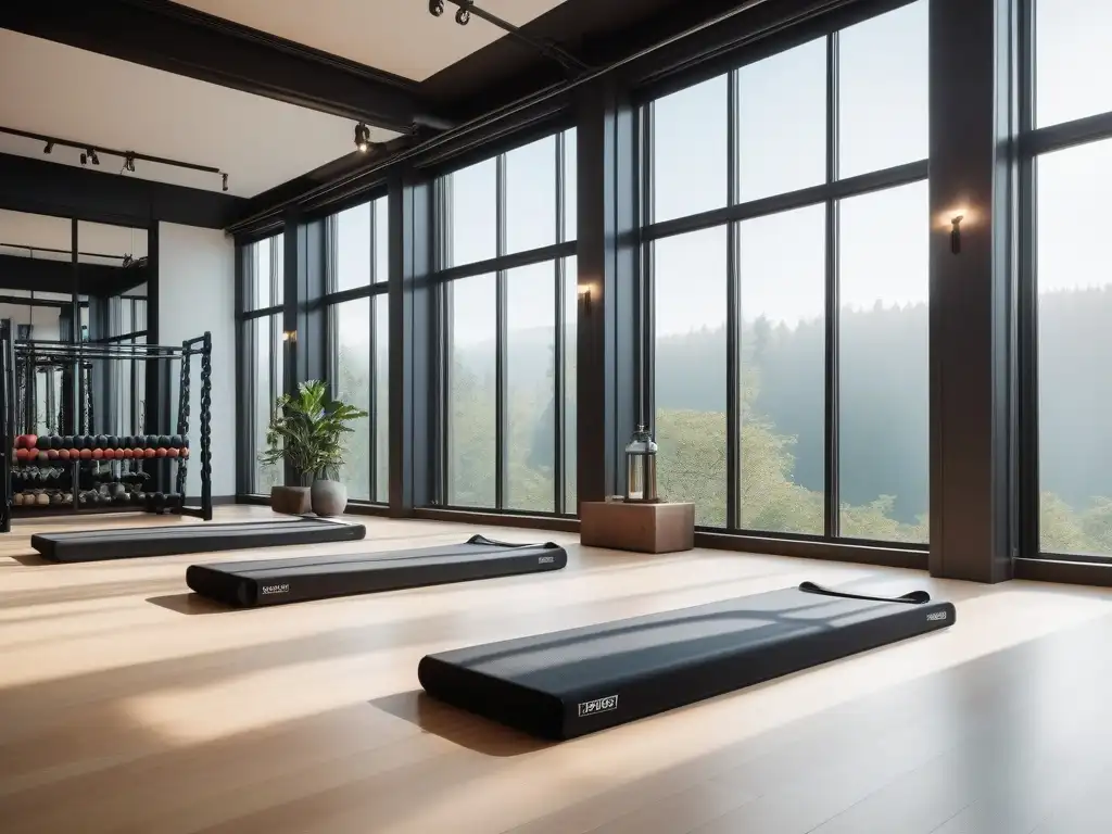 Estudio de yoga y pilates de lujo: sofisticación y serenidad en 8k Un estudio de yoga y pilates de lujo con equipamiento fitness de alta gama en un espacio elegante y minimalista