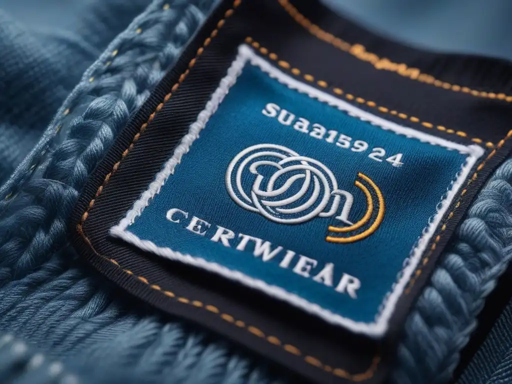 Etiqueta Fair Wear: detalle y color en moda sostenible Etiqueta de certificación Fair Wear en prenda de moda sostenible, destacando calidad y ética