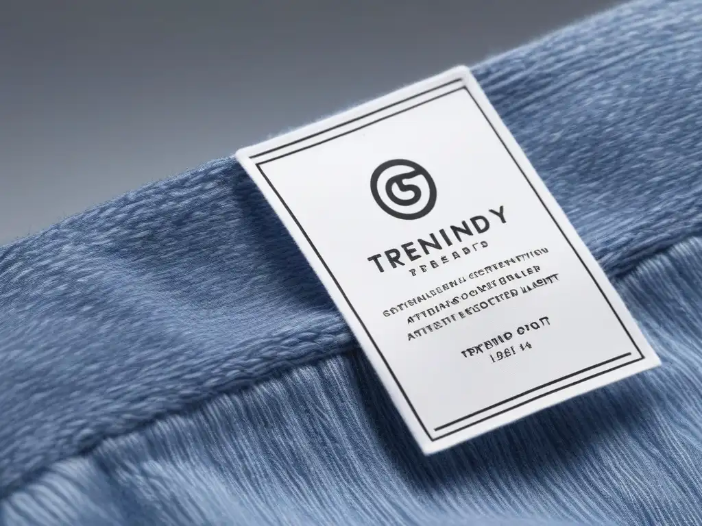 Etiqueta de ropa eco-friendly con certificaciones de sostenibilidad Una etiqueta de ropa detallada con símbolos de certificación de sostenibilidad y materiales ecofriendly, en un fondo minimalista