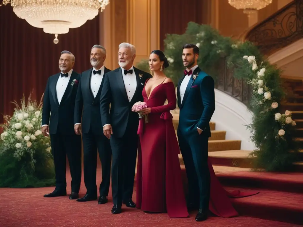 Sofisticada gala en lujoso salón de eventos Moda senior para eventos especiales: Grupo elegante en trajes de noche frente a una lujosa escalera y candelabros brillantes