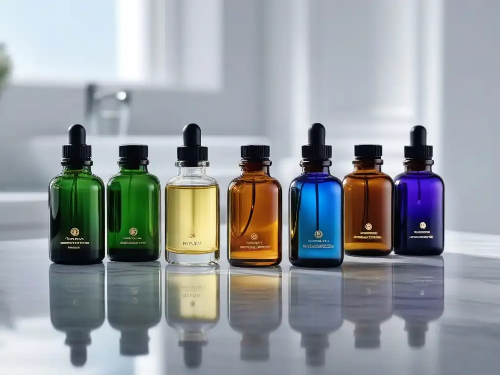 Exclusivos aceites esenciales de lujo en elegantes botellas de vidrio Exclusiva colección de aceites esenciales en elegantes frascos de vidrio sobre mármol, reflejando lujo y calidad