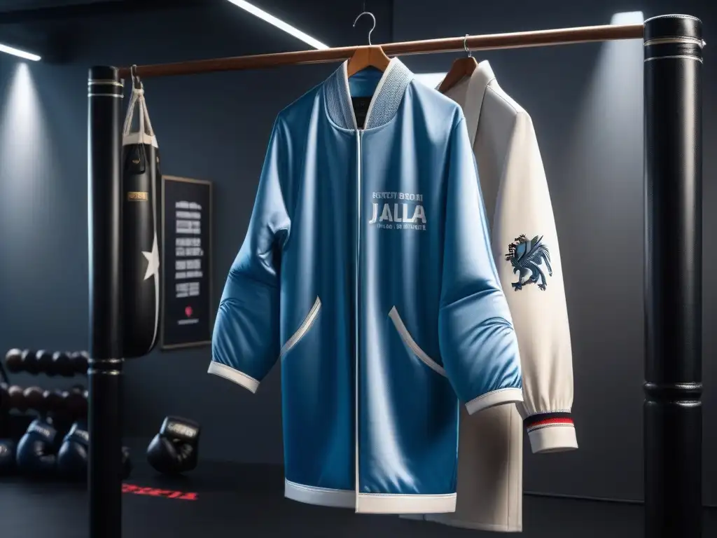 Albornoz de boxeo personalizado: exclusividad y motivación Un exclusivo albornoz de boxeo personalizado cuelga de un elegante perchero
