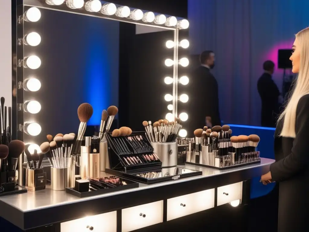 Estación de belleza exclusiva en evento de celebridades Un exclusivo backstage de belleza para celebridades con luces brillantes, productos premium y estilistas trabajando