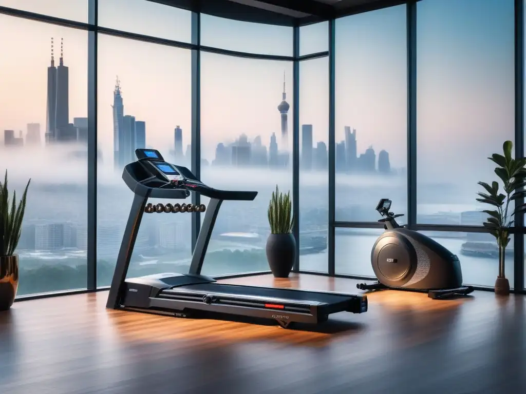 Gimnasio de lujo con equipamiento fitness de última generación Un exclusivo gimnasio en casa con equipamiento de fitness de lujo, frente a una vista urbana al atardecer