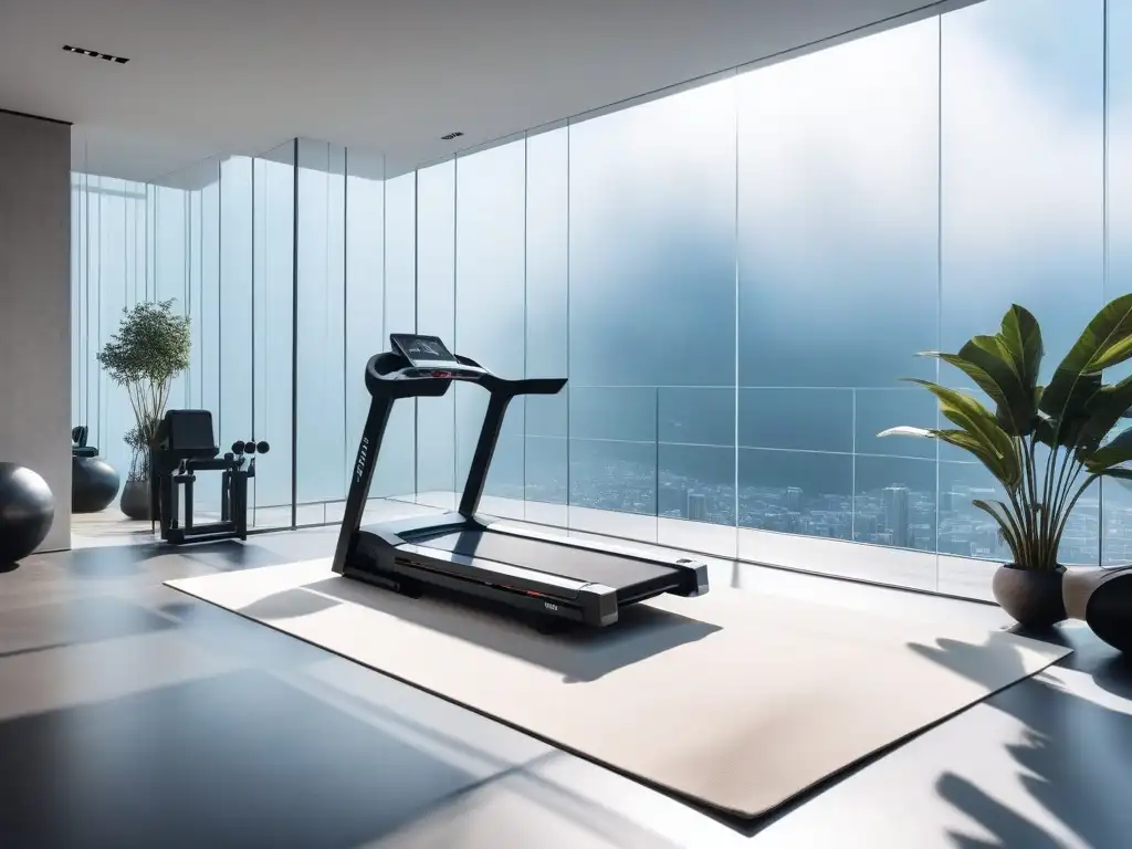 Gimnasio en casa de lujo futurista con equipo de última tecnología Un exclusivo gimnasio en casa con innovaciones en equipamiento fitness lujo: cinta de correr de alta tecnología, pantalla interactiva en pared, pesas de diseño y tapete de yoga de lujo, todo iluminado en una atmósfera sofisticada y aspiracional