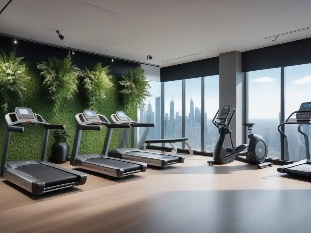 Centro de fitness de lujo con equipamiento moderno y vistas impresionantes Un exclusivo gimnasio de lujo con equipamiento fitness de alta gama, en un entorno moderno y con vista a la ciudad