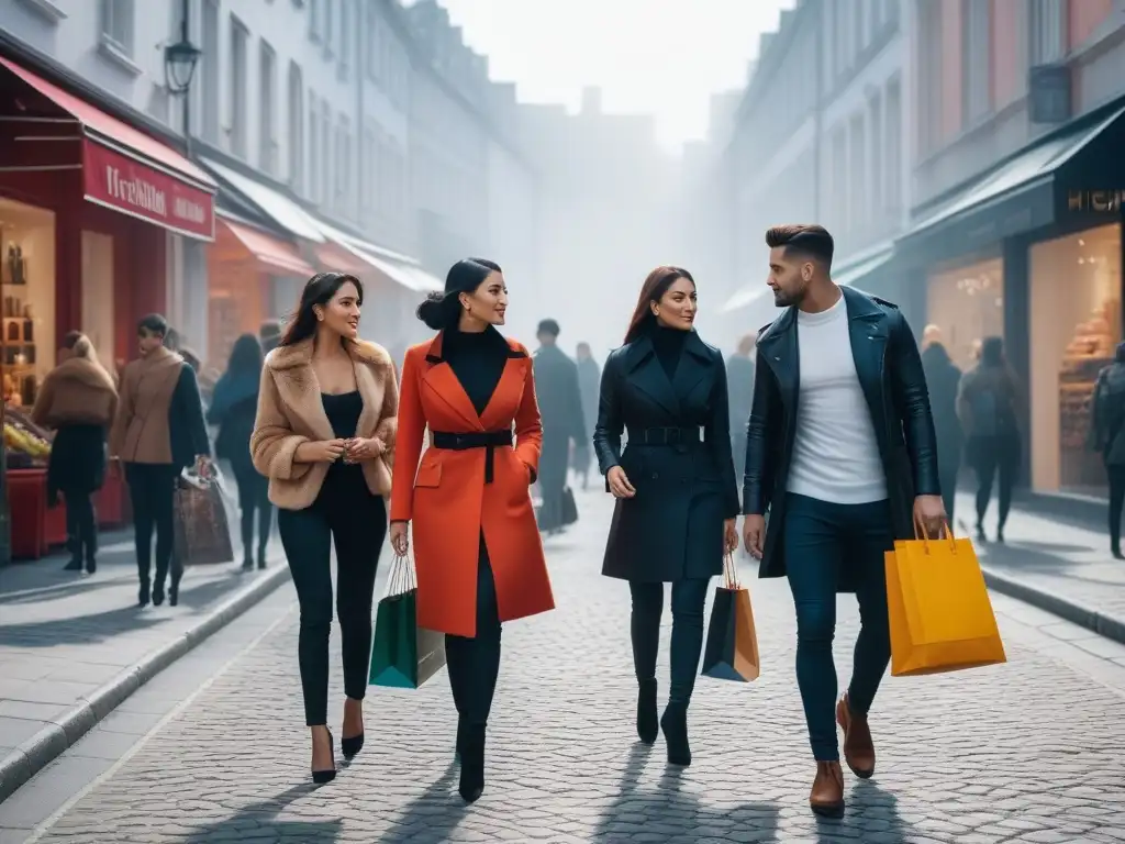 Escena urbana: Compras de moda en ciudad vibrante Excursiones de compras en una calle animada de una ciudad vibrante, grupos diversos con bolsas de tiendas de moda de lujo